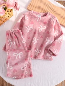SHEIN Teen Girl Fall Winter Bow Heart Pattern Flannel Pajamas Set - Dusty Pink - View 1