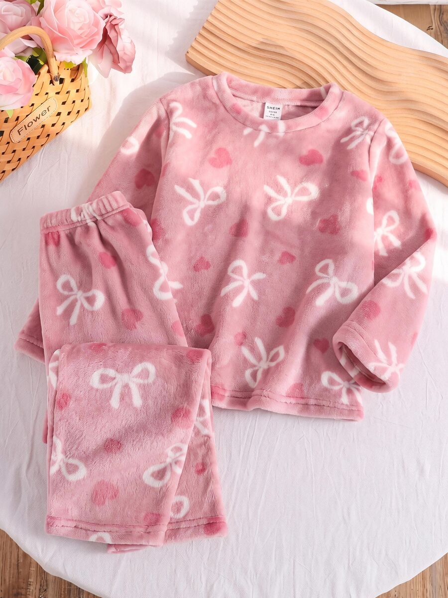 SHEIN Teen Girl Fall Winter Bow Heart Pattern Flannel Pajamas Set - Dusty Pink - View 1