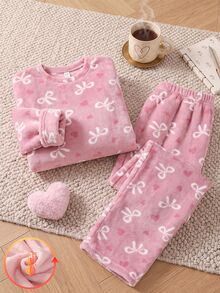SHEIN Teen Girl Fall Winter Bow Heart Pattern Flannel Pajamas Set - Dusty Pink - View 2