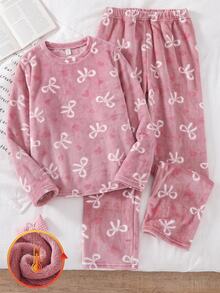 SHEIN Teen Girl Fall Winter Bow Heart Pattern Flannel Pajamas Set - Dusty Pink - View 3