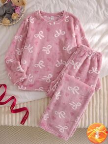 SHEIN Teen Girl Fall Winter Bow Heart Pattern Flannel Pajamas Set - Dusty Pink - View 4