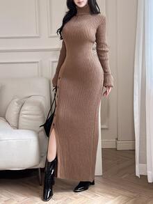 Feyla Women High Neck Long Sleeve Fitted Elegant Sweater Dress, Solid Color, Autumn/Winter - Coffee Brown - View 4