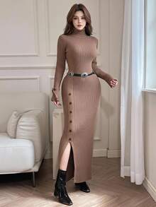 Feyla Women High Neck Long Sleeve Fitted Elegant Sweater Dress, Solid Color, Autumn/Winter - Coffee Brown - View 1