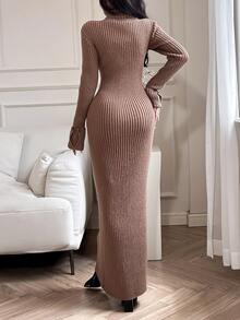 Feyla Women High Neck Long Sleeve Fitted Elegant Sweater Dress, Solid Color, Autumn/Winter - Coffee Brown - View 3