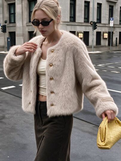 Struktiv Damen Kunstfell Kurzmantel, Rundkragen Perlenknopf Doppelreiher Plüschjacke mit Schnallenmanschetten,