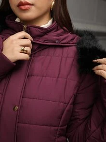 SHEIN Clasi Plus Size Women's Solid Color Casual Versatile Winter Hooded Padded Coat - Burgundy - View 7