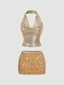 SHEIN MOD Women's Sexy Draped Neck Top And Sequin Mini Skirt 2 Pieces Set - Gold - View 5