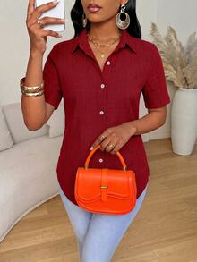 Xyvia Women's Simple Solid Color Front Button Curved Hem Blouse, Summer - Red - View 3