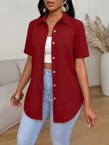 Xyvia Women's Simple Solid Color Front Button Curved Hem Blouse, Summer - Red - View 4