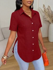 Xyvia Women's Simple Solid Color Front Button Curved Hem Blouse, Summer - Red - View 5