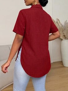 Xyvia Women's Simple Solid Color Front Button Curved Hem Blouse, Summer - Red - View 2