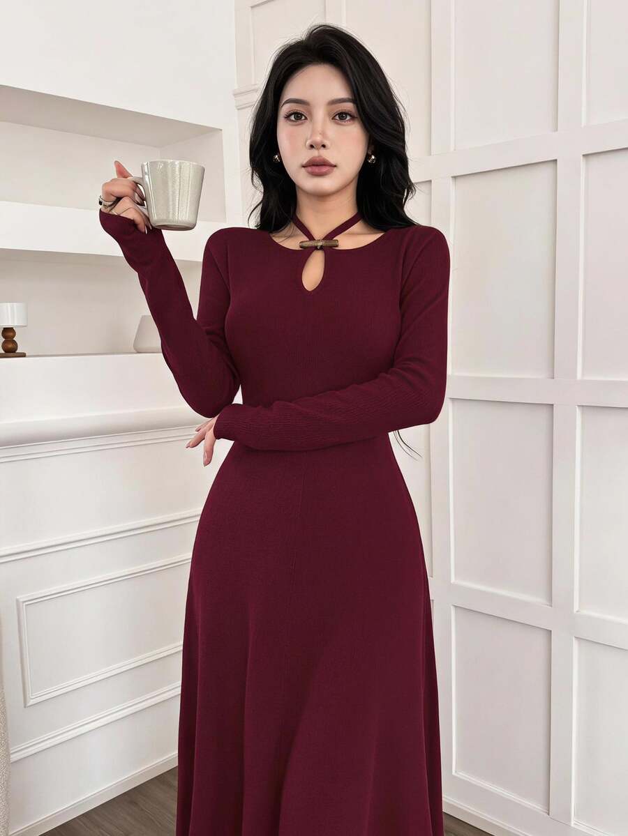 Feyla New Design Sense Halter Neck Long Sleeve Niche Rejuvenating Slim Fit Dress - Burgundy - View 1