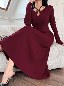 Feyla New Design Sense Halter Neck Long Sleeve Niche Rejuvenating Slim Fit Dress - Burgundy - View 6