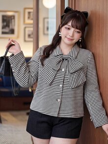 Bijouette 大尺碼女款千鳥格時尚百搭大衣 秋季 辦公室 早晨 雞尾酒會 正式 晚宴 白色 優雅 休閒 精緻 - 黑與白 - 查看 4