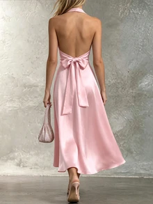 CHARMVALE Romantic Elegant Sexy Dusty Pink Satin Midi Dress With A Halter Neck-Perfect For Dates Cocktail Party Wedding And Every Summer - Pink - View 4