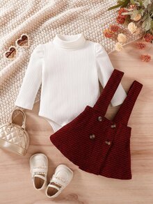 SHEIN 2pcs Atasan Anak Perempuan + Rok Suspender Gaya Preppy Manis Putih Merah Motif Houndstooth Kotak-kotak Bergaris Lengan Panjang Kerah Tinggi Reguler Musim Gugur Liburan Kancing - Merah - View 6
