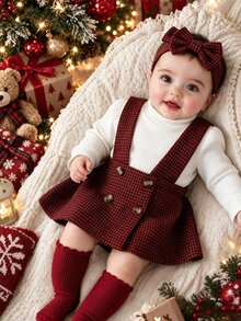 SHEIN 2pcs Atasan Anak Perempuan + Rok Suspender Gaya Preppy Manis Putih Merah Motif Houndstooth Kotak-kotak Bergaris Lengan Panjang Kerah Tinggi Reguler Musim Gugur Liburan Kancing - Merah - View 1