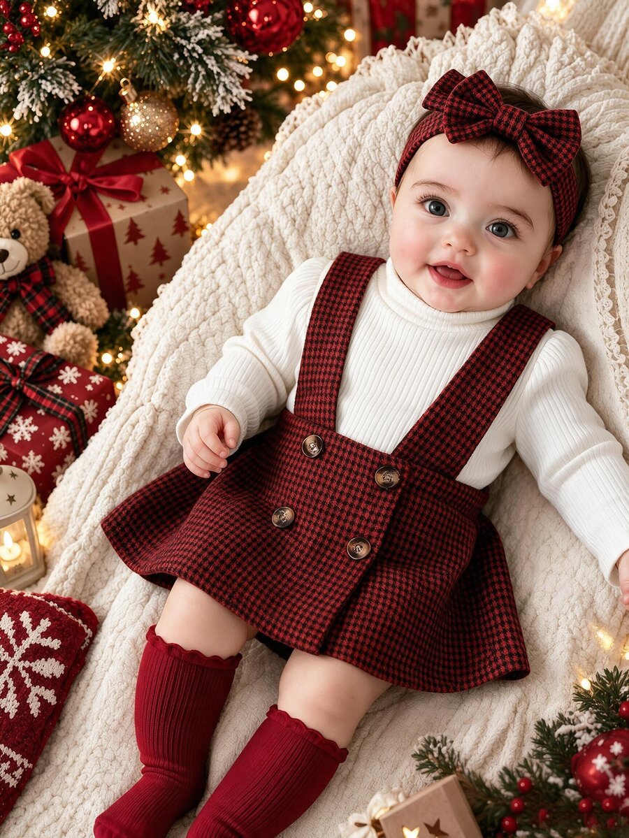 SHEIN 2pcs Atasan Anak Perempuan + Rok Suspender Gaya Preppy Manis Putih Merah Motif Houndstooth Kotak-kotak Bergaris Lengan Panjang Kerah Tinggi Reguler Musim Gugur Liburan Kancing - Merah - View 1