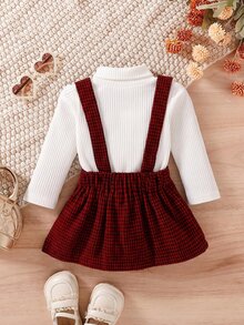SHEIN 2pcs Atasan Anak Perempuan + Rok Suspender Gaya Preppy Manis Putih Merah Motif Houndstooth Kotak-kotak Bergaris Lengan Panjang Kerah Tinggi Reguler Musim Gugur Liburan Kancing - Merah - View 2