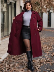 Reflora Plus Size Women's Solid Color Double-Breasted Long Sleeve Pocket Casual Overcoat Winter - Burgundy - View 10