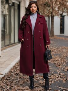 Reflora Plus Size Women's Solid Color Double-Breasted Long Sleeve Pocket Casual Overcoat Winter - Burgundy - View 5
