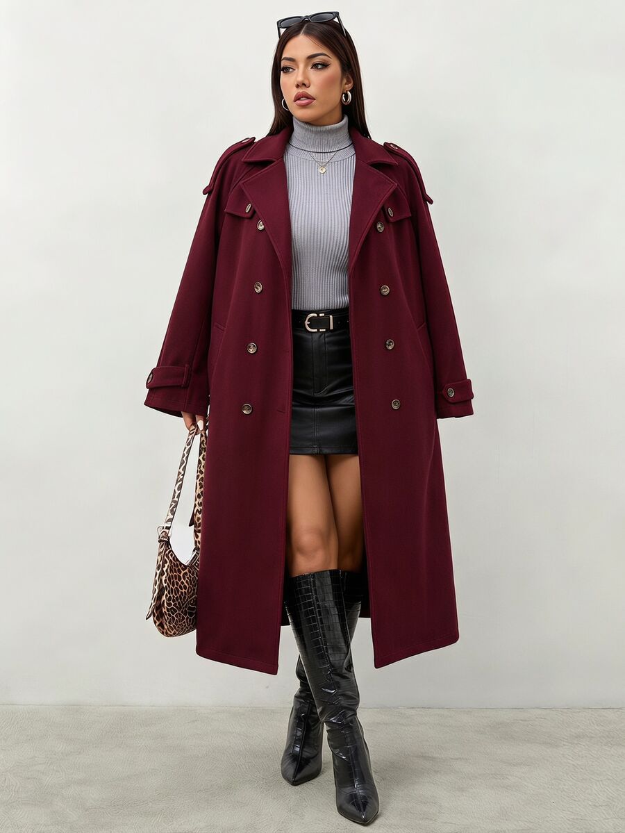 Reflora Plus Size Women's Solid Color Double-Breasted Long Sleeve Pocket Casual Overcoat Winter - Burgundy - View 1