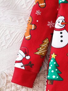 SHEIN 男嬰聖誕圖案印花修身連身居家服，適合聖誕節、派對、新年 - 紅色 - 查看 5