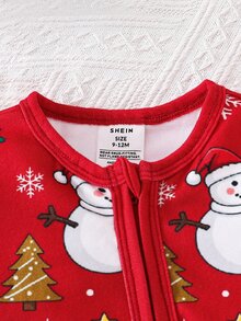 SHEIN 男嬰聖誕圖案印花修身連身居家服，適合聖誕節、派對、新年 - 紅色 - 查看 4