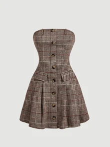 SHEIN MOD Women's Plaid Tube Dress And Long Sleeve Blazer Fashion Suit Set - Multicolor - View 10