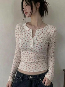 Livesso 女款粉色花卉圓領長袖純色寬鬆休閒復古可愛落肩百搭萬能T恤，適合秋季野餐 - 白色 - 查看 5