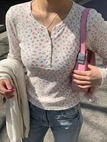 Livesso 女款粉色花卉圓領長袖純色寬鬆休閒復古可愛落肩百搭萬能T恤，適合秋季野餐 - 白色 - 查看 3