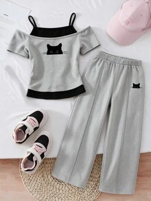 SHEIN Girls' Fashion Grey Kitten Print 2 In 1 Off-Shoulder Camisole Short Sleeve T-Shirt And Sweatpants Set School Student Summer Athletic Band - Multicolor - View 6