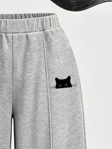 SHEIN Girls' Fashion Grey Kitten Print 2 In 1 Off-Shoulder Camisole Short Sleeve T-Shirt And Sweatpants Set School Student Summer Athletic Band - Multicolor - View 5