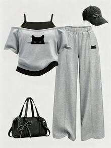 SHEIN Girls' Fashion Grey Kitten Print 2 In 1 Off-Shoulder Camisole Short Sleeve T-Shirt And Sweatpants Set School Student Summer Athletic Band - Multicolor - View 2
