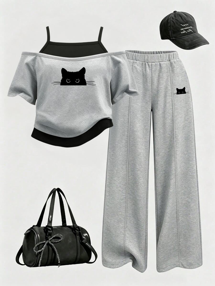 SHEIN Girls' Fashion Grey Kitten Print 2 In 1 Off-Shoulder Camisole Short Sleeve T-Shirt And Sweatpants Set School Student Summer Athletic Band