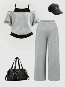 SHEIN Girls' Fashion Grey Kitten Print 2 In 1 Off-Shoulder Camisole Short Sleeve T-Shirt And Sweatpants Set School Student Summer Athletic Band - Multicolor - View 3