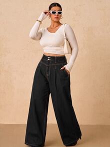 SHEIN Tall CURVE 大尺碼時尚鈕扣口袋寬鬆寬腿牛仔褲 - 黑色 - 查看 6
