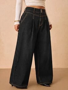SHEIN Tall CURVE 大尺碼時尚鈕扣口袋寬鬆寬腿牛仔褲 - 黑色 - 查看 3