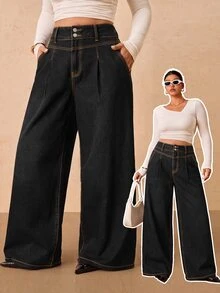 SHEIN Tall CURVE 大尺碼時尚鈕扣口袋寬鬆寬腿牛仔褲 - 黑色 - 查看 1
