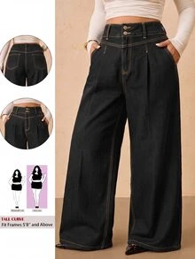 SHEIN Tall CURVE 大尺碼時尚鈕扣口袋寬鬆寬腿牛仔褲 - 黑色 - 查看 8