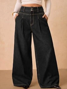 SHEIN Tall CURVE 大尺碼時尚鈕扣口袋寬鬆寬腿牛仔褲 - 黑色 - 查看 7
