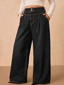 SHEIN Tall CURVE 大尺碼時尚鈕扣口袋寬鬆寬腿牛仔褲 - 黑色 - 查看 5