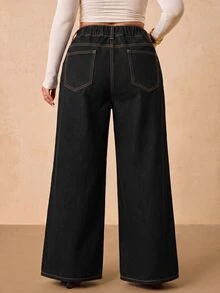 SHEIN Tall CURVE 大尺碼時尚鈕扣口袋寬鬆寬腿牛仔褲 - 黑色 - 查看 2
