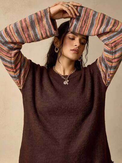 Nubod Plus Size Loose Casual 1920 Vintage Commute Striped Long Sleeve Pullover Sweater Home Wear Thanksgiving Brown Fall Birthday Night Evening