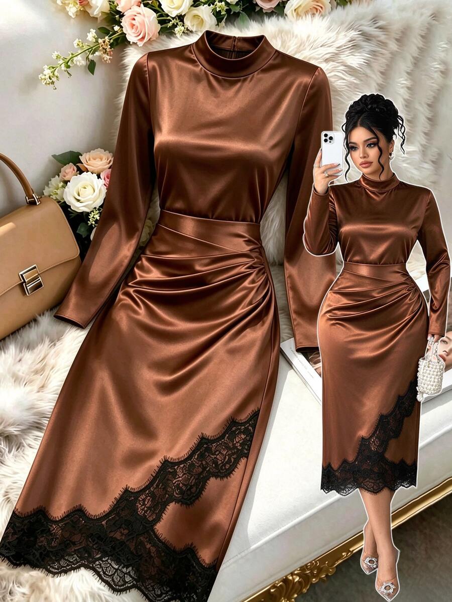 Elenzga Plus Size Women Elegant Daily Outing Commute Office Cocktail Party Lace Asymmetrical Hem Long Sleeve Satin Fabric Mid-Length Dress Fall Brown - Brown - View 1