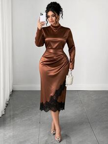 Elenzga Plus Size Women Elegant Daily Outing Commute Office Cocktail Party Lace Asymmetrical Hem Long Sleeve Satin Fabric Mid-Length Dress Fall Brown - Brown - View 3