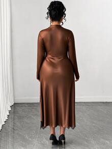 Elenzga Plus Size Women Elegant Daily Outing Commute Office Cocktail Party Lace Asymmetrical Hem Long Sleeve Satin Fabric Mid-Length Dress Fall Brown - Brown - View 2