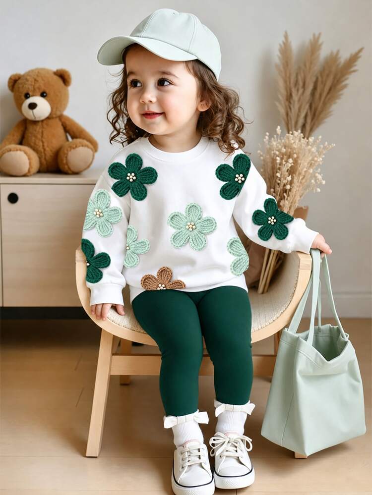 Baby Girl 2-Piece Casual Floral Crew Neck Sweatshirt And Leggings Set, Fashionable And Cute Autumn/Winter Outfit, Sweet Girl 3D Flower Print White Sweatshirt With Dark Green Leggings - White - View 3