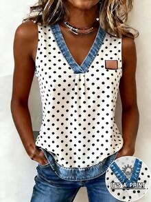 EMERY ROSE New White And Black Polka Dot Denim Effect V-Neck Camisole For Women Travel Summer Vintage Casual - White - View 1