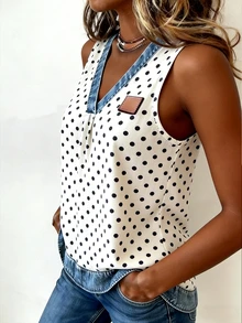 EMERY ROSE New White And Black Polka Dot Denim Effect V-Neck Camisole For Women Travel Summer Vintage Casual - White - View 3